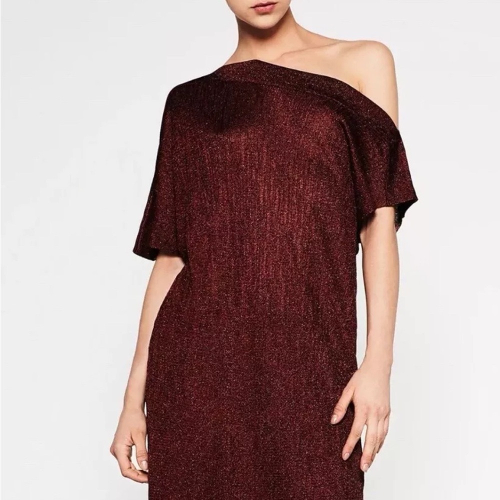 ZARA Sac Dress SHIMMERY LAMÉ Burgundy Knit ASYMMETRICAL S Dress‎ NWT 3090/007